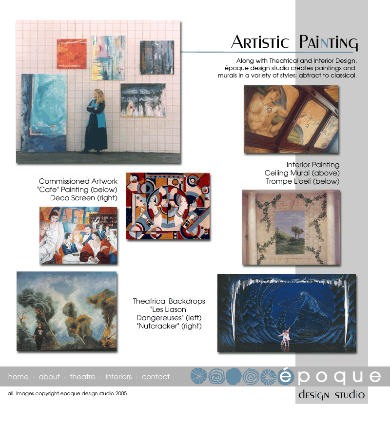 Examples of Artistic Painting by Monika Essen, including Commissioned Artwork, Ceiling Murals, Trompe L'oeil, and Theatrical Backdrops.