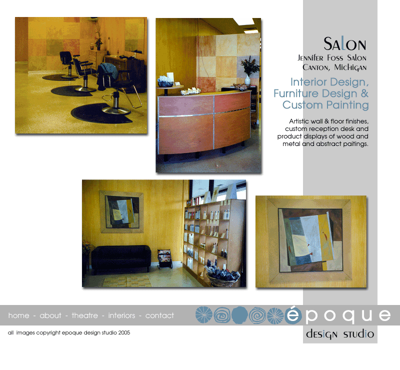 Hair Salon design with artistic wall and floor finishes, custom reception desk and product displays and original abstract paintings.